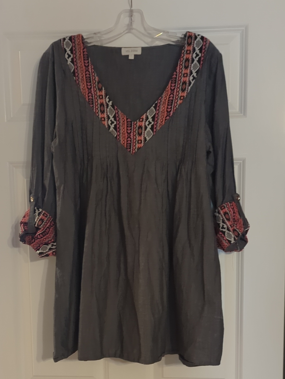 Velzera Gray Tunic with Pink & White Embroidered Trim